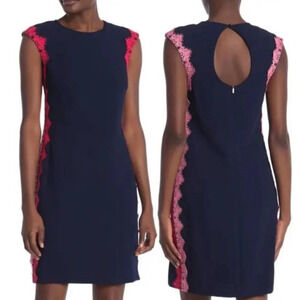 Trina Turk Whim Crochet Lace Trim Shift Dress in Navy Blue - Size 2